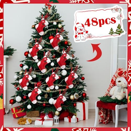 Geyoga 48 Pcs Red and White Mini Christmas Stockings Bulk, Poinsettia - Image 5