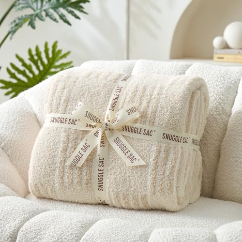 Snuggle Sac Faux Fur Checkered Blanket Twin Size with Soft Knitted Microfiber,Reversible Soft Cozy Warm Blanket for Sofa Bedroom,Cute Lightweight Striped Throws for Women,Heather Cream,60x80 inches - Image 5