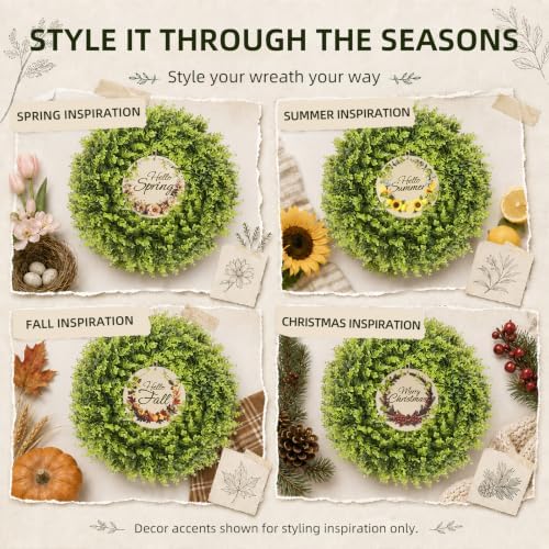 24 Inch Faux Boxwood Wreath with 3 Double-Sided Wooden Signs - Image 5