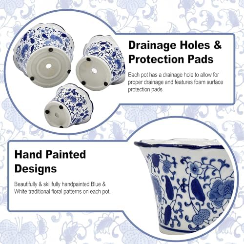 Galt International Blue & White Floral Porcelain Ceramic Decorative Flower Pot 8"/6"/4.5" Garden Pots Chinese Asian Design - Set of 3 Cylinder Fluted Edge - Image 2