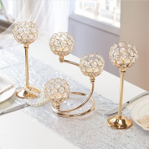 Gold Metal Crystal Candle Holder Set of 3 - Elegant 5-Arm Metal Tea Light Centerpiece with Shining Crystal Bowl, Wedding Anniversary Table Decor for Dining, Party - Image 5