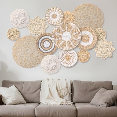 15 Pcs Boho Rattan Wall Baskets Hanging Decor, Grey White Style - Image 5