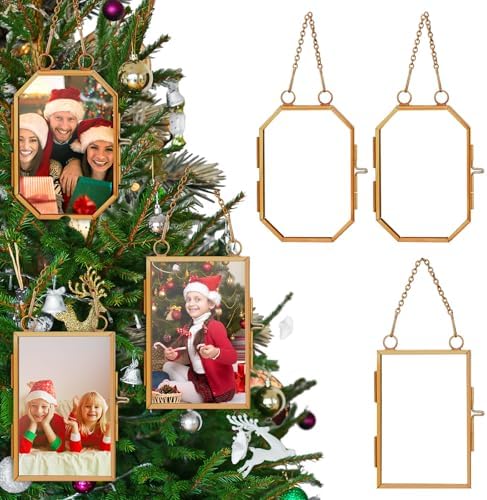 Qunclay 6 Pcs 2.5 x 3.5” 2 x 3 Christmas Brass Picture Frame Ornaments Octagonal Rectangular Christmas Metal Double Glass Hanging Photo Frame with Metal Chain for Xmas Tree Decorations(Gold) by Qunclay