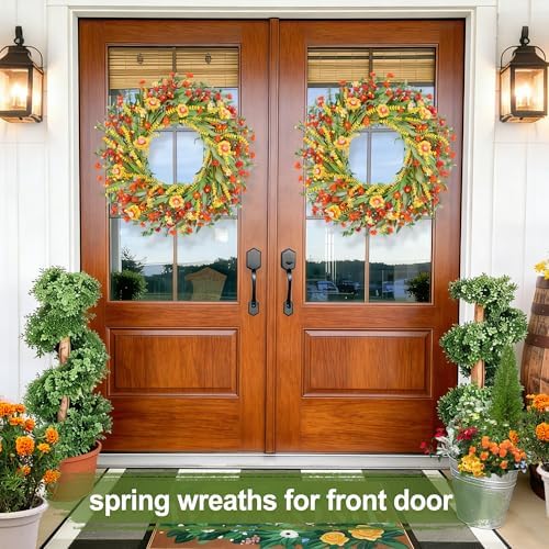 26" Floral Wreath, Artificial Spring Wreaths for Front Door, with Wildflower Portulaca Flowers, Indoor Outdoor Porch Window Wall Home Decor for Valentine’s Day Easter, Summer & Wedding Orange - Image 4