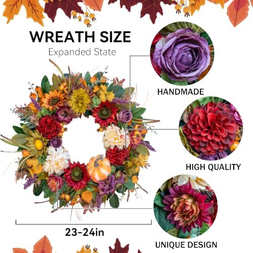 24 Inch Fall Wreaths for Front Door, Autumn Farmhouse Harvest Wreath - Image 2