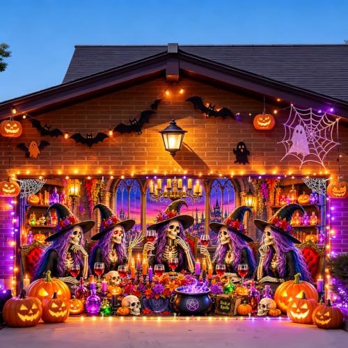 7x16FT Halloween Witch Garage Door Banner Skeleton Witch Happy Hallowen Garage Door Cover Decoration for Hallowen Decoration by FOREVERQUEEN