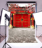 AOFOTO 7x10ft Lunar New Year Backdrop Chinese New Year Decorations Spring Festival Couplets Backgrounds China Red Gate Courtyard Firecrackers Lantern Bloom Plum Flowers Backdrop Family Portrait Props - Image 4