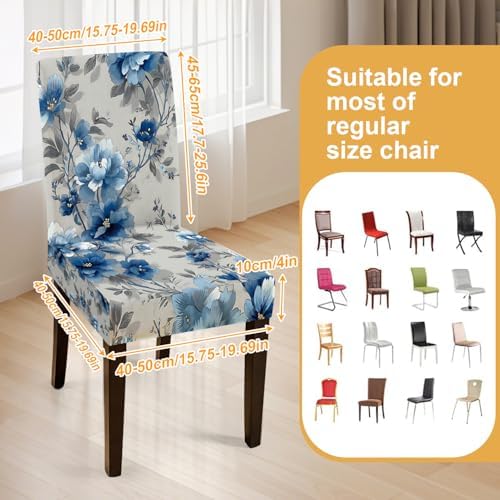 Blue Flower Chair Covers Set of 6,Stretchable Kitchen Dining Room Chair Covers Decorations Removable Washable Dining Chair Slipcovers Chair Protectors for Dining Room & Kitchen - Image 3