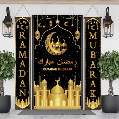 Preboun 3 Pcs Hanging Banner LED Decoration Set 71 x 35.4/11.8 Inch Lighted Backdrop and Porch Sign for Outside Outdoor Decor(Eid Mubarak) - Image 2