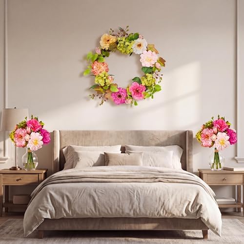 22in Fake Peony and Hydrangea Spring Summer Wreath, Artificial Flower Wreath with 2 Matching Bouquets Set, Front Door Decor for Spring Home Office, Valentine's Day, Mother's Day - Image 6