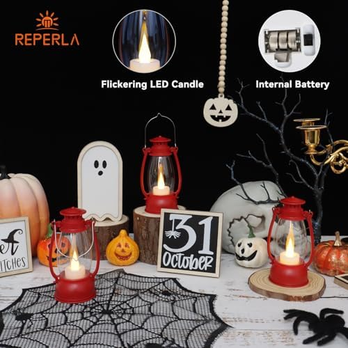 12Pcs Red Mini Lanterns for Centerpiece – Vintage Lantern Decor for Christmas, Halloween, Weddings & Western Party – Hanging Ornaments Bulk with Flicker LED Candle for Cowgirl, Camping Decor - Image 4