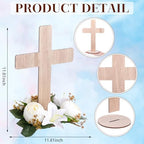 12 Sets Baptism Centerpieces Table Decorations First Communion Wooden Cross Ornament Set with Lily Candle Ring Wreath Purple Ribbon with Stands for Baptism Baby Shower Wedding (Wood) - Image 3