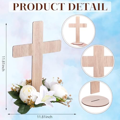 12 Sets Baptism Centerpieces Table Decorations First Communion Wooden Cross Ornament Set with Lily Candle Ring Wreath Purple Ribbon with Stands for Baptism Baby Shower Wedding (Wood) - Image 3