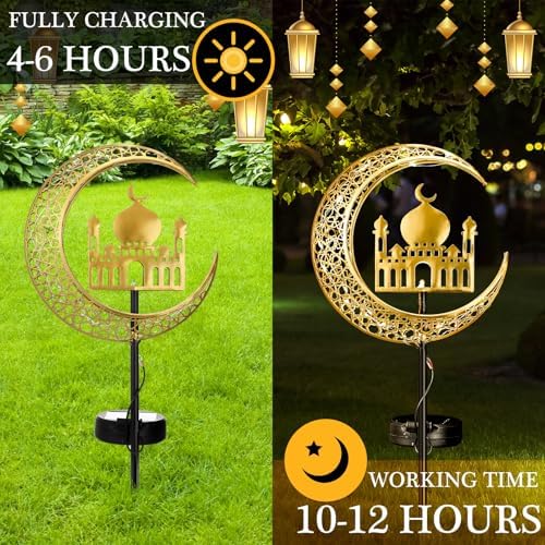 Tujoe 2 Pcs Eid Mubarak Solar Lights Eid Al Adha Outdoor Decorations Mubarak Star Moon Lights Solar Stakes Waterproof for Outdoor Decorations Garden Walkway Lawn Patio Yard(Muslim) - Image 4