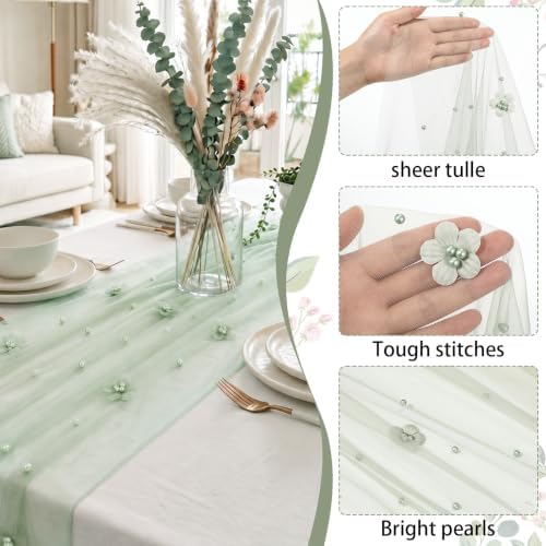 6 Pcs 29x120'' Pearl Tulle Table Runner 10ft Wedding Tablecloth, Sage Green - Image 5