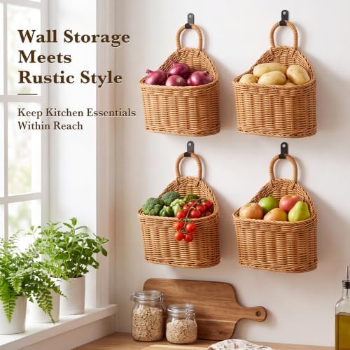 4 Pcs Hanging Wicker Baskets for Wall, with Hooks - Image 2