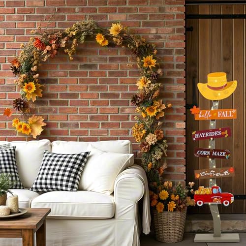 Lighted Wood Hello Fall Porch Sign,Fall Welcome Porch Decor,Autumn Maple Pumpkin Truck Sweater Weather Standing Wooden Signs for Harvest Thanksgiving Decor - Image 5
