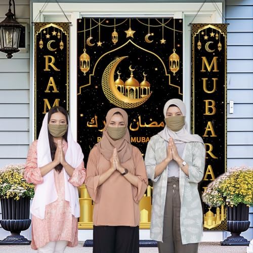 Preboun 3 Pcs Hanging Banner LED Decoration Set 71 x 35.4/11.8 Inch Lighted Backdrop and Porch Sign for Outside Outdoor Decor(Eid Mubarak) - Image 5