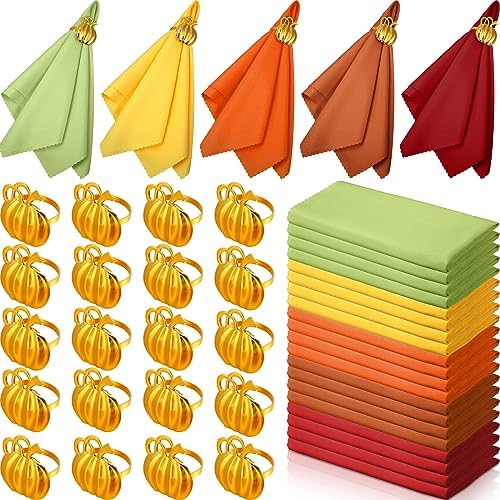 Preboun 20 Set Thanksgiving Cloth Napkins 19" with Pumpkin Ring Holders by Preboun