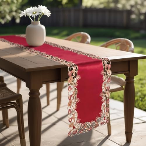 DECOZEN Gold Burgundy Lace Table Runner – Embroidered Table Runner, Dresser Decor Scarf for Holiday Tables Weddings Parties, Valentines Day Gifts Gift for Her Gift for Mom 14x108 Tarantino Collection - Image 2