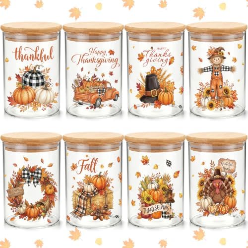 Potchen 8 Pcs 19oz Fall Glass Cookie Jars, Pumpkin Truck Leaves by Potchen