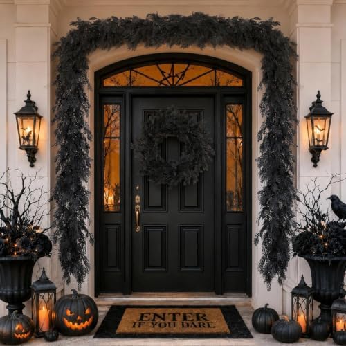 Halloween Garland 8.9FT Decorations Black Real Touch Cedar Cypress Pine Plant Artificial Halloween Garland for Mantle, Fireplace, Table, Stairs, Door, Porch, Indoor Outdoor Decorations, Black - Image 4