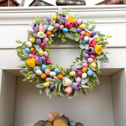 Easter Wreaths for Front Door 20 Inch Easter Wreath Artificial Colorful Egg Wreath with Tulip and Flocked Lambs Ear for Home Indoor Outdoor Hoilday Party Decorations - Image 5