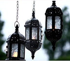 2PCS Moroccan Decorative Candle Lantern Metal Hanging Tealight Candlestick Holder Glass Indoor Outdoor LED Flameless Candle Holder 13.8 inches Chain (Black) - Image 2