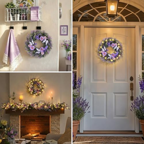 Valery Madelyn 18 inch Spring Lavender Wreaths for Front Door with Lights - Image 6