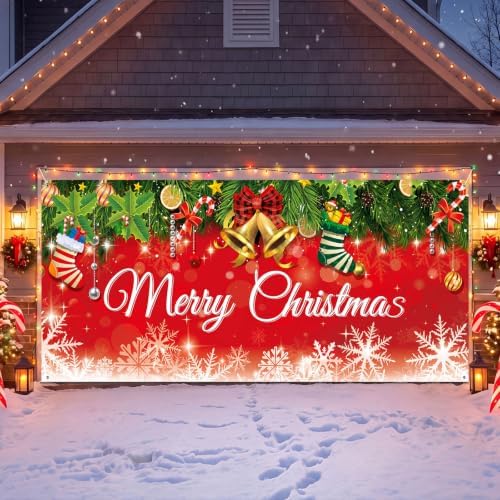 WovWeave 7 x 16 Ft Christmas Garage Door Cover, Bells and Stockings - Image 7