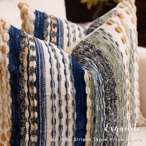 Boho Chenille Tufted Throw Pillow Covers 18x18 Inch Set of 2 Farmhouse Mixed Blue Woven Striped Decorative Pillowcases for Couch Sofa Bed - Image 5