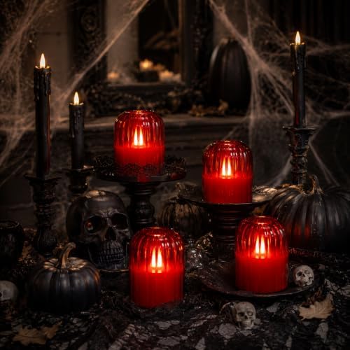 Lezonic Red LED Flameless Candles, 4 Pcs Glass Battery Operated Pillar Candles with Remote, Dancing Flickering Flame Real Wax, Home Decor for Wedding, Halloween, Christmas, & Holiday Table Centerpiece - Image 5