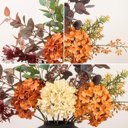 Fall Centerpieces for Tables - Burnt Orange Hydrangea & Eucalyptus Stems - Image 3