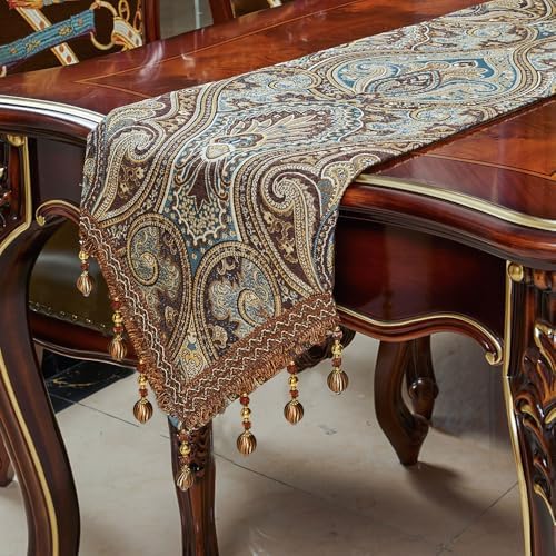 Luxury Vintage Design Table Runner 60 inches Long Embroidery Jacquard Fabric with Multi-Tassels Table Runners for Dining Room Dresser Wedding Holiday Party Fireplace Decorations (Coffee, 12X60inch) by LUFEIJIASHI