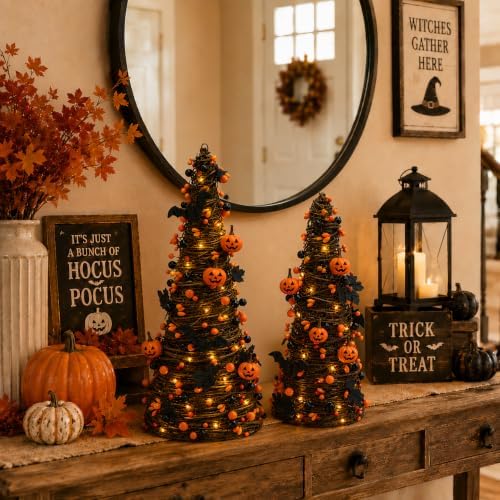 2Pack Lighted Halloween Tabletop Trees with Timer, Pumpkin Bat Decor - Image 4