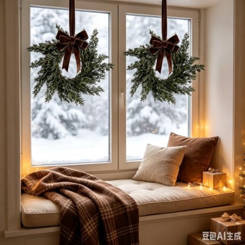 6 Pcs Small 4th of July Hanging Wreaths for Cabinets Patriotic Mini Candle Ring Wreath with Red White Blue Flowers (4, Winter Greenery Cedar Dark Brown Bow) - Image 3
