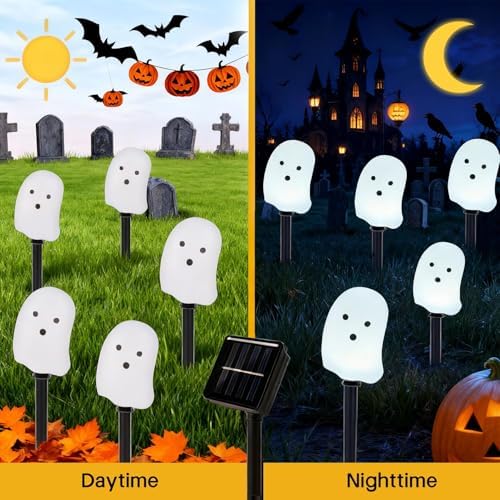 Halloween Solar Lights for Outdoor Decorations, 5 Pack Ghost Pathway Lights, Solar Ghost Lights for Garden, Yard, Party Halloween Decor（Dull） - Image 5