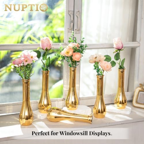 NUPTIO Gold Bud Vases for Centerpiece: 12 Pcs Small Flower Vase for Table - Vintage Skinny Ribbed Vase in Bulk for Wedding Party Home Decor - Image 2