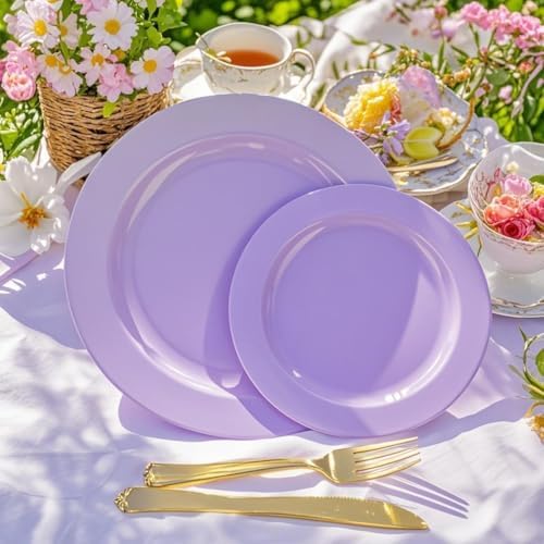 FLOWERCAT 60PCS Purple Plates - Heavy Duty Purple Plastic Plates Disposable for Easter Party/Wedding - Include 30PCS 10.25" Dinner Plates and 30PCS 7.5" Dessert Plates - Image 3