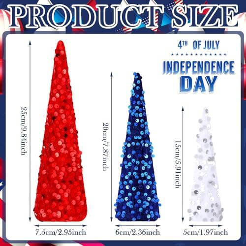 6 Pcs Red White Blue Glitter Cone Trees 4th of July,Independence Day - Image 4