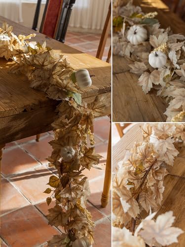 6.8ft Fall Garland Maple Leaf Autumn Thanksgiving Pumpkin Berry Garland, Christmas Halloween Mantle Fireplace Farmhouse Harvest Decorations for Home Outdoor Indoor(White) - Image 5