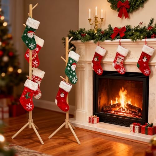 PURPLE STAR 1N 2 Set Christmas Wooden Stocking Holder Stand, Rustic Freestanding Xmas Stockings Hanger Rack, Christmas Stocking Tree Stand Rack for Holiday Home Living Room Farmhouse Decoration - Image 7