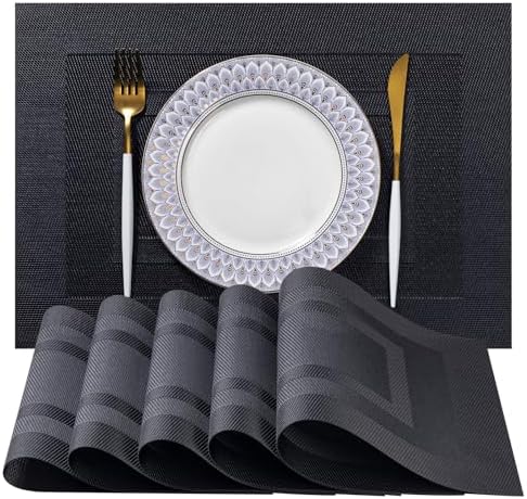 LEXMORE PlaceMats Set of 12 Vinyl/Plastic Woven Place Mats for Kitchen Table Indoor/Outdoor Washable PlaceMat Wipeable Dining Table Mats(Black Cube) by lexmore