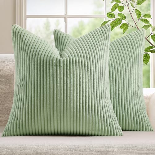 Mecatny Corduroy Decorative Throw Pillow Covers 24x24 Set of 2 Sage Green by Mecatny
