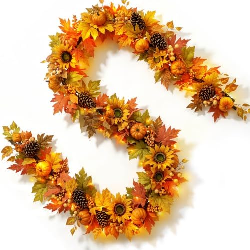YULETIME 9 ft Pumpkin & Maple Leaf Garland, 50 Fairy Lights Battery Powered by YULETIME