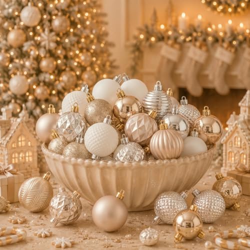 Lunmon 64 Pcs Champagne Gold White Christmas Ornaments 1.57/1.97/2.36 Inch - Image 6