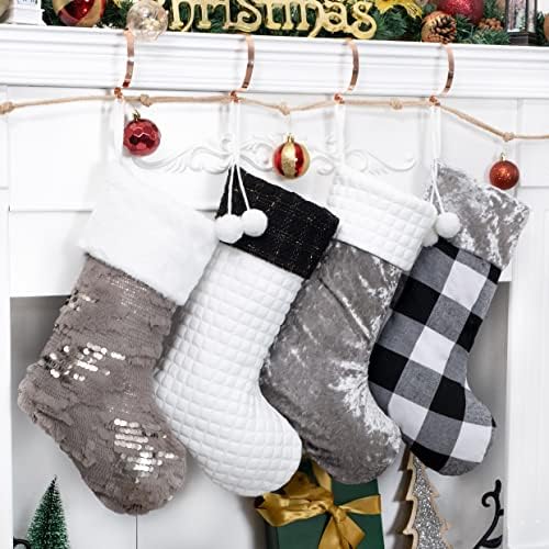 LUBOT 4 Pack Christmas Stockings Large Family Xmas Stocking Black White Gray Contrast Match Flannel Plaid Plush Sequins Hanging for Decorations Holiday by LUBOT