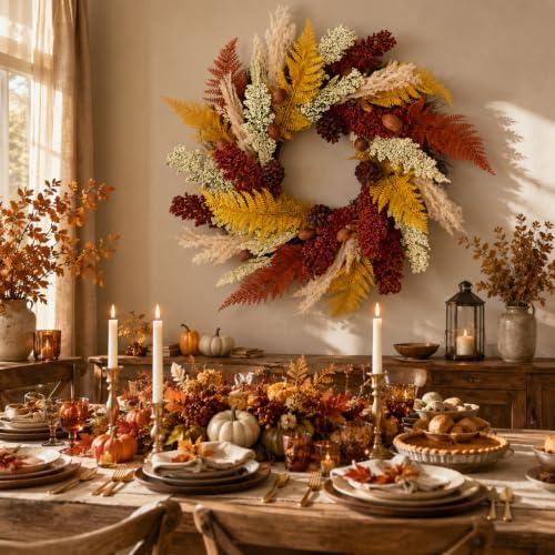 24 inch Fall Wreaths for Front Door, Containing Pine Cones and Wheat Ears - Image 4