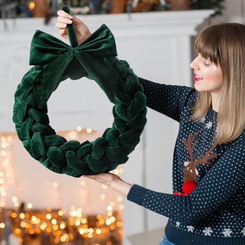 Soaoo 3 Christmas Velvet Wreaths 14" Christmas Wreaths for Front Door Velvet Ornament with Bow for Party Table Fireplaces Porch Walls New Year Home Decor(Green) - Image 4