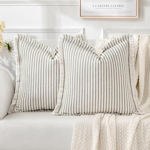 MIULEE Olive Green Striped Euro Decorative Throw Pillow Covers, 24x24 by MIULEE